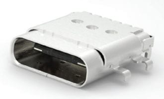 Figure 4 A USB Type-C connector. With a reversible mating interface, the receptacle enables easy, reliable mating making USB as a charging choice even more likely going forward. (Source: TE Connectivity)