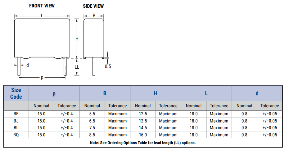 Mechanical Drawing - KEMET P295 Film Capacitors