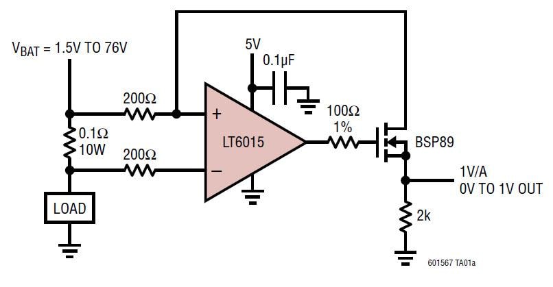 Diagrama del circuito de aplicaciones - Analog Devices Inc. Amplificadores operativos de precisión Over-The-Top® LT6015