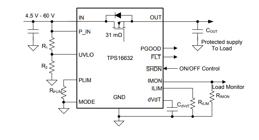 Schematic - Texas Instruments TPS1663x 60V, 6A Power Limiting eFuses