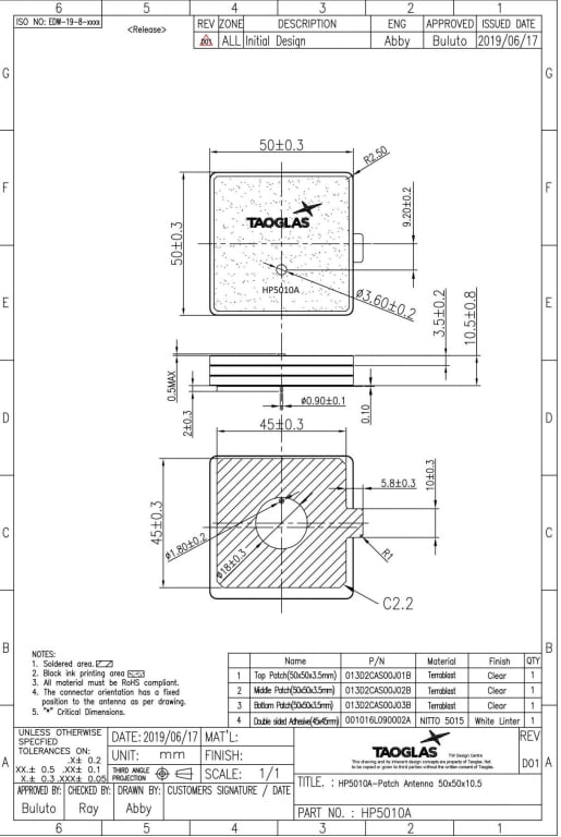 Mechanical Drawing - Taoglas HP5010A Stacked Terrablast Patch Antenna
