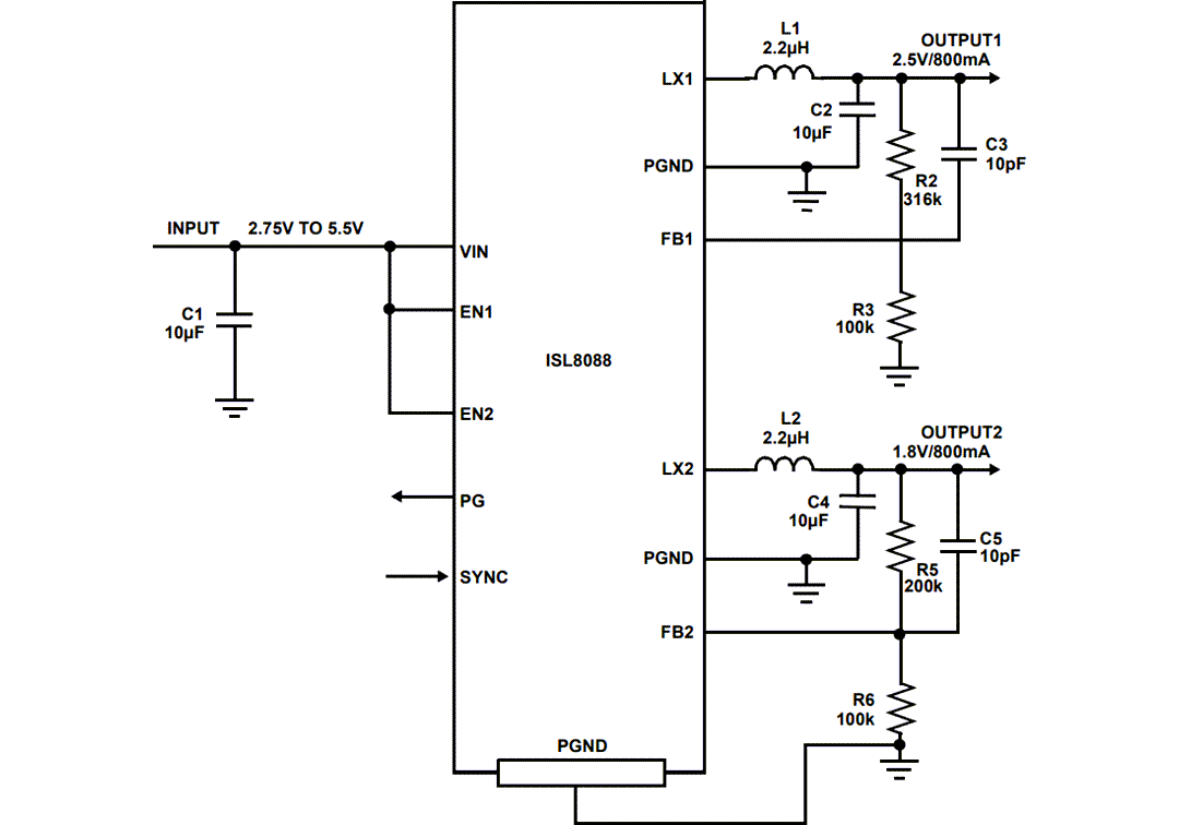 Application Circuit Diagram - Renesas Electronics ISL8088 Synchronous Buck Regulator