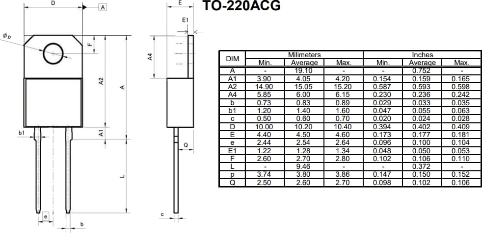 Mechanical Drawing - ROHM Semiconductor TO-220ACG SiC Schottky Barrier Diodes