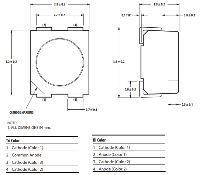 Mechanical Drawing - Broadcom HSMF LED Indicators