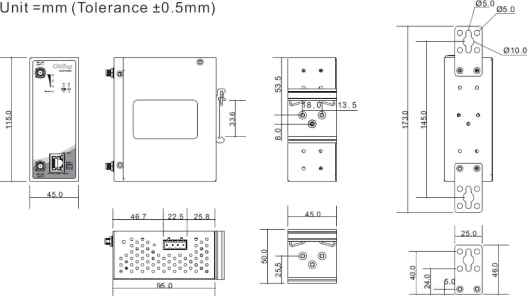 Mechanical Drawing - ORing IGAP-610H+ Din-Rail Wireless Access Point