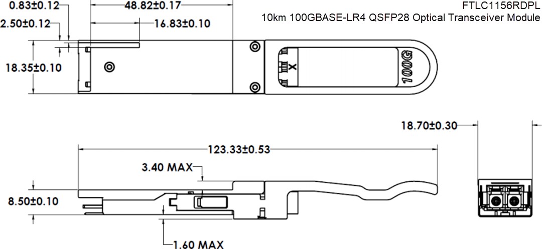 Mechanical Drawing - Coherent FTLC1156RDPL 100GBASE-LR4 QSFP28 Transceivers