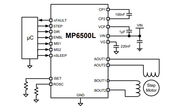Application Circuit Diagram - Monolithic Power Systems (MPS) MP6500L 35V, 2.5A Stepper Motor Driver