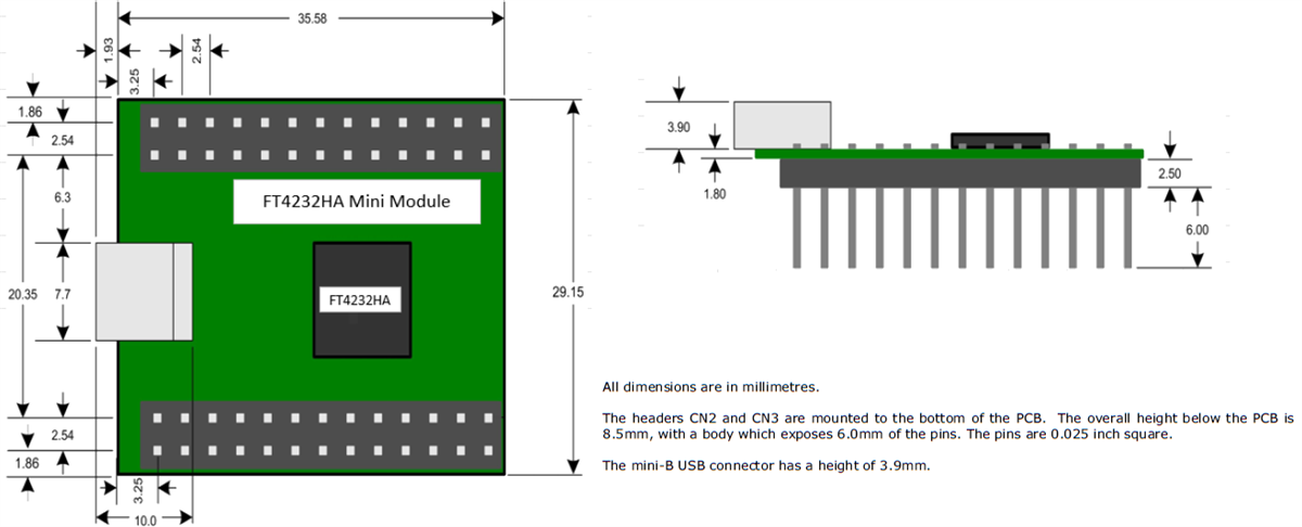 Mechanical Drawing - FTDI Chip FT4232HA Mini Evaluation Module
