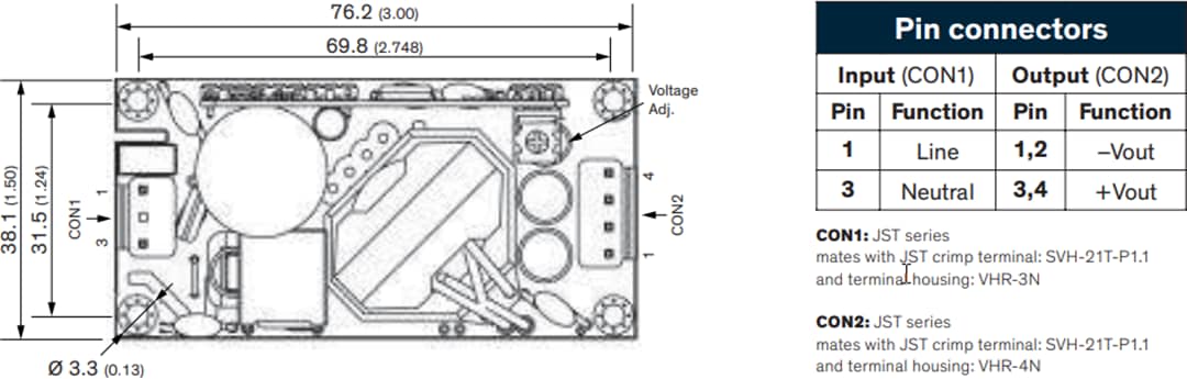 Mechanical Drawing - TRACO Power TPI 50A-J 50W AC-DC Industrial Power Supplies
