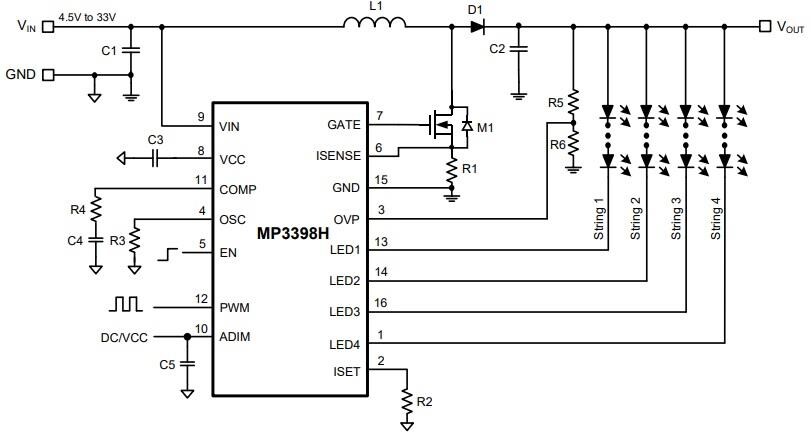 Application Circuit Diagram - Monolithic Power Systems (MPS) MP3398H Series Step-Up WLED Controllers
