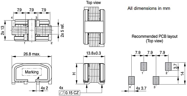 Mechanical Drawing - EPCOS / TDK ERUC23 SMT Flat Wire Coupled Inductors