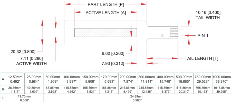 Mechanical Drawing - Spectra Symbol SoftPot Potentiometers