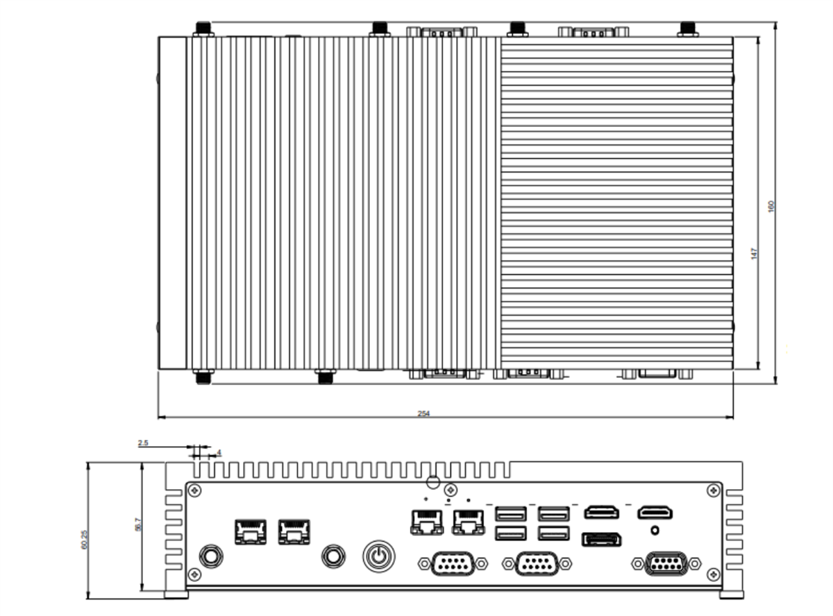 Mechanical Drawing - Asus PE2100U Intel® 13th Gen. Core™-I Edge Computers