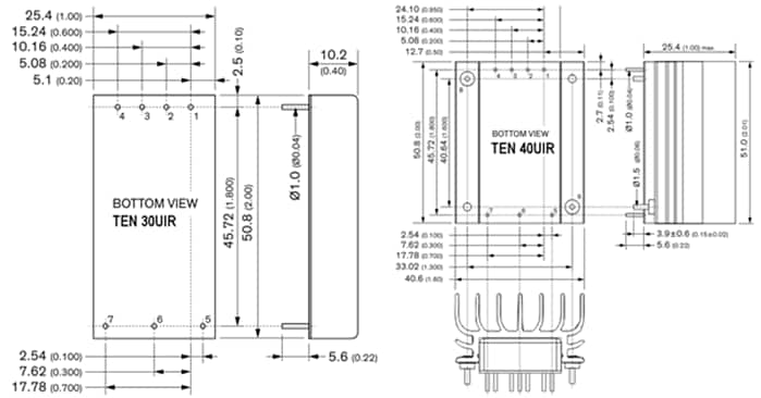 Mechanical Drawing - TRACO Power TEN 30UIR/40UIR DC/DC Railway Converters