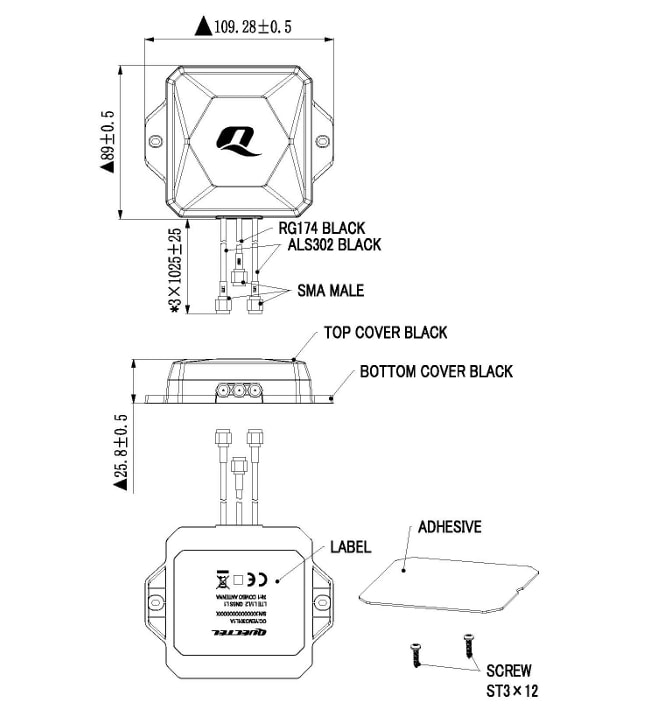 Mechanical Drawing - Quectel YEMD301L1A 4G/GNSS 3-in-1 Combo Antenna