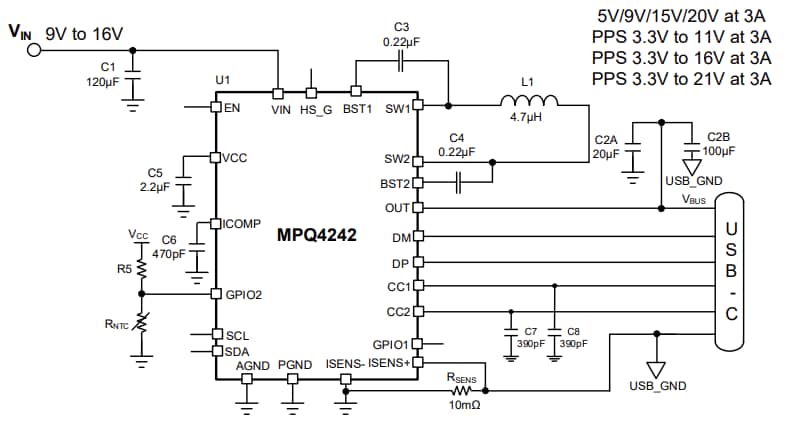 Application Circuit Diagram - Monolithic Power Systems (MPS) MPQ4242 AEC-Q100 Qualified USB PD ICs