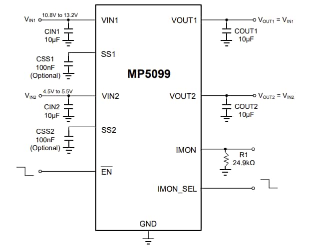 Application Circuit Diagram - Monolithic Power Systems (MPS) MP5099 Dual-Channel Current-Limit Switches