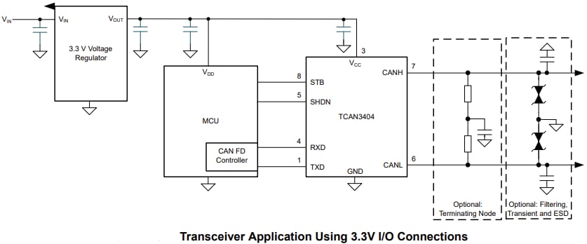 Application Circuit Diagram - Texas Instruments TCAN340x-Q1 Automotive CAN FD Transceivers