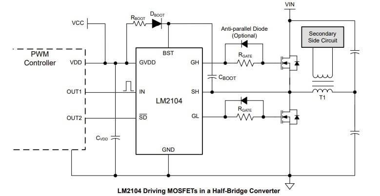 Application Circuit Diagram - Texas Instruments LM2104 Half-Bridge Gate Driver