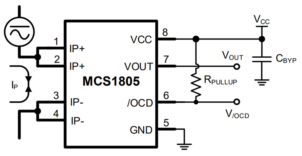 Application Circuit Diagram - Monolithic Power Systems (MPS) MCS1805 Linear Hall-Effect Current Sensor ICs