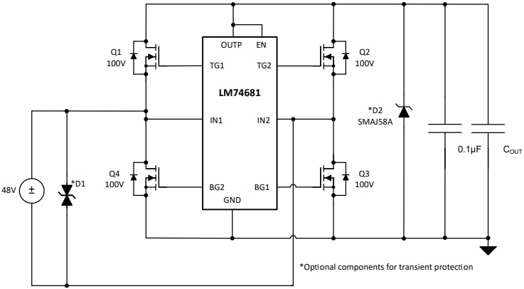 Application Circuit Diagram - Texas Instruments LM74681 100V Ideal Diode Bridge Controller
