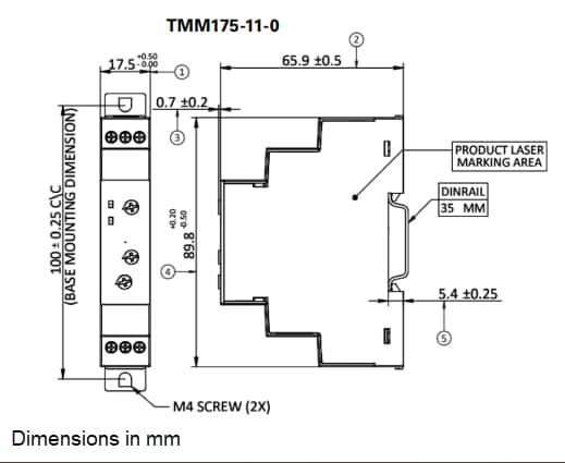 Mechanical Drawing - Littelfuse TMM175 DIN-Rail Time-Delay Relays