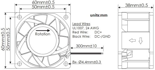 Mechanical Drawing - Orion Fans OD6038-VXE High-Performance Vane Axial DC Fans