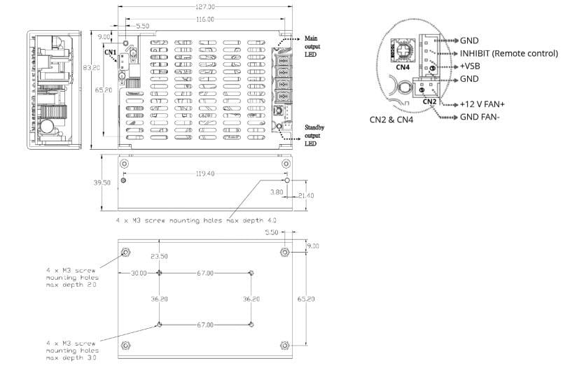 Mechanical Drawing - CUI Inc VGSM-280B Medical AC-DC Power Supplies