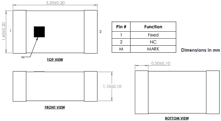 Mechanical Drawing - Abracon AANI-CH UWB Chip Antenna