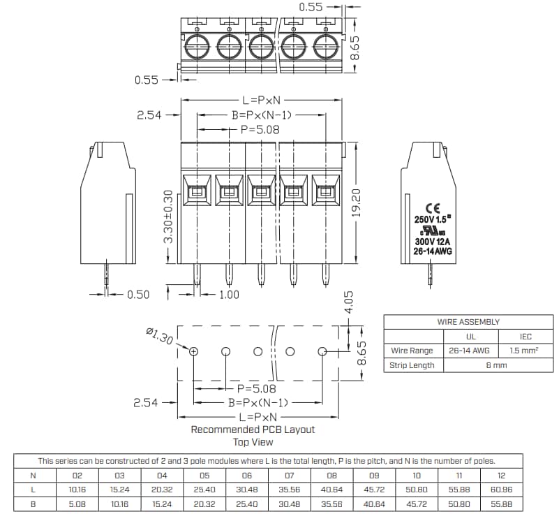 Mechanical Drawing - Same Sky TB0012-508 Terminal Blocks