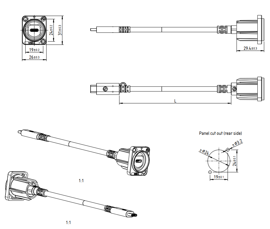 Mechanical Drawing - NEUTRIK USB Type-C® 5G D-Shape Fly-Lead Chassis Connectors
