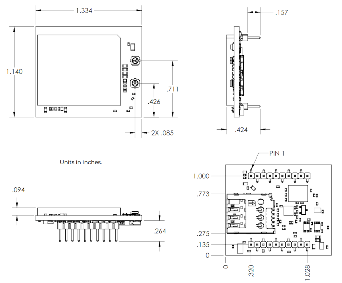 Mechanical Drawing - Airgain Skywire® NL-SW-LTE Cat 1 bis Embedded Modems
