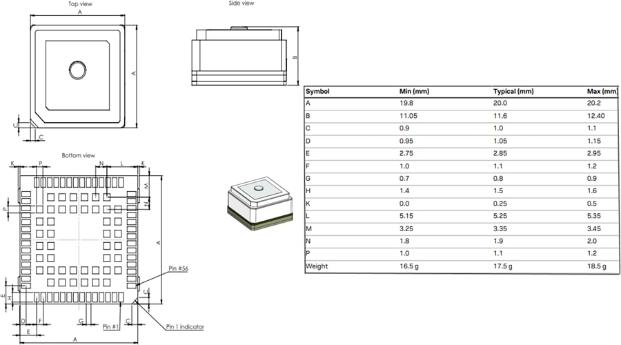 Mechanical Drawing - u-blox DAN-F10N L1/L5 Dual-Band Smart GNSS Antenna Module