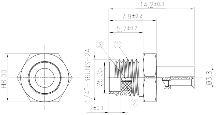 Mechanical Drawing - Taoglas SMAFST.TS9M.TG SMA(F) to TS9(M) Straight Adapter