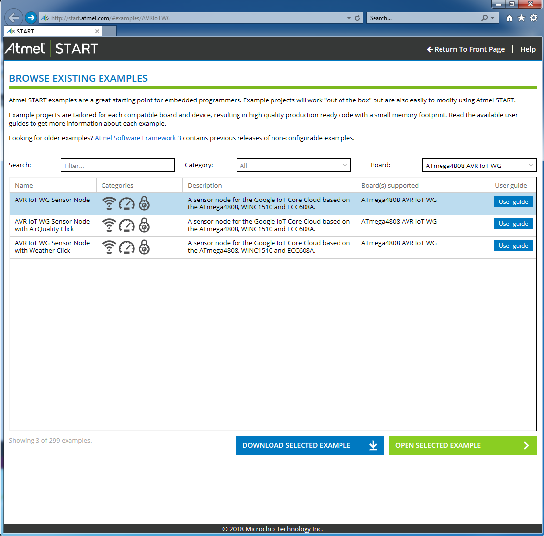 Screen capture showing the Atmel START Page for the AVR-IoT WG Board