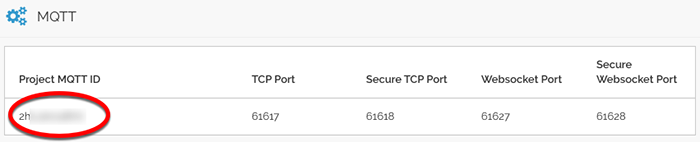 Clicking Setup and MQTT will provide a view of Project MQTT ID and a set of port numbers.