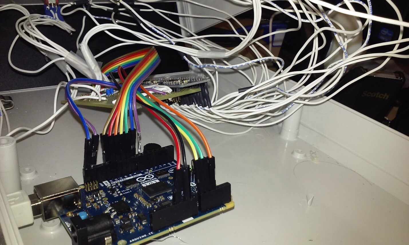 A fully wired synthesizer.