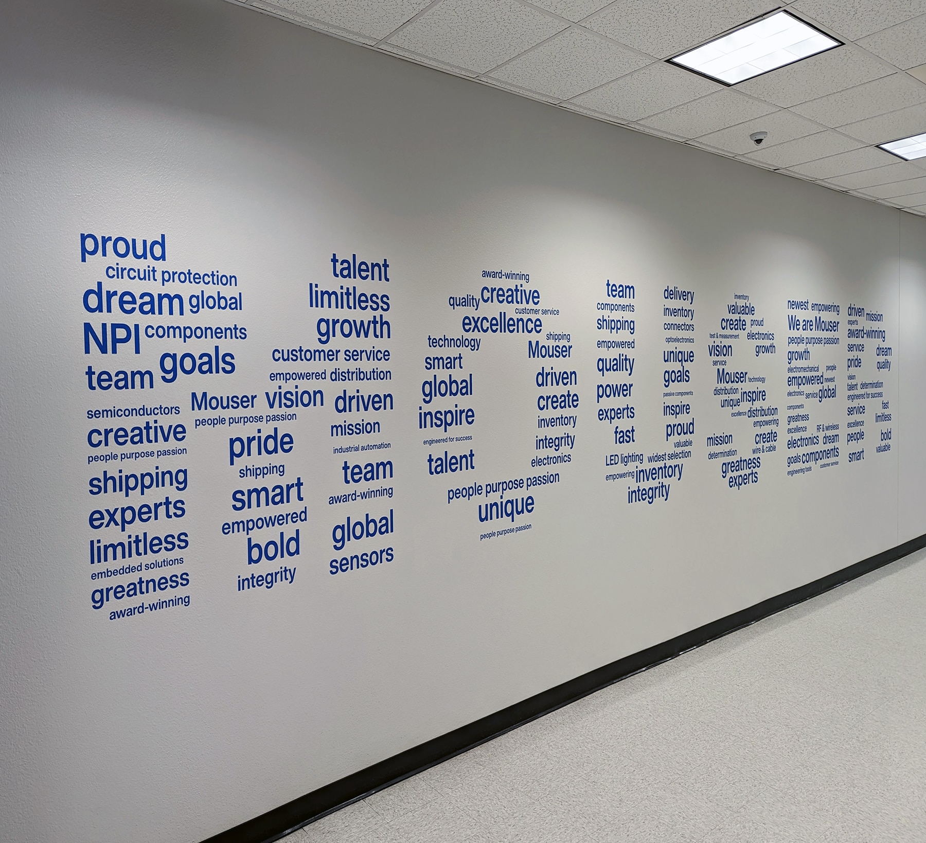 Wordcloud decal forming the word 'MOUSER' out of many words and phrases